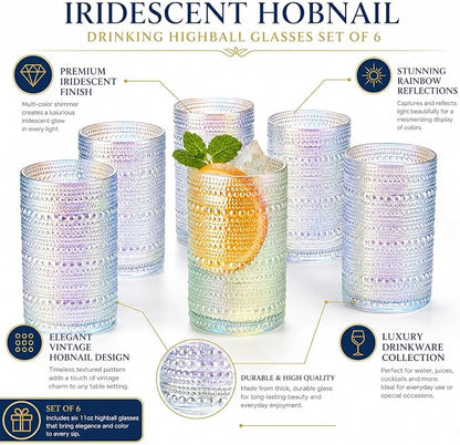 Hobnail Beaded Highball Drinking Tumbler Glasses | Set of 6 | Iridescent Pearl - Image 2