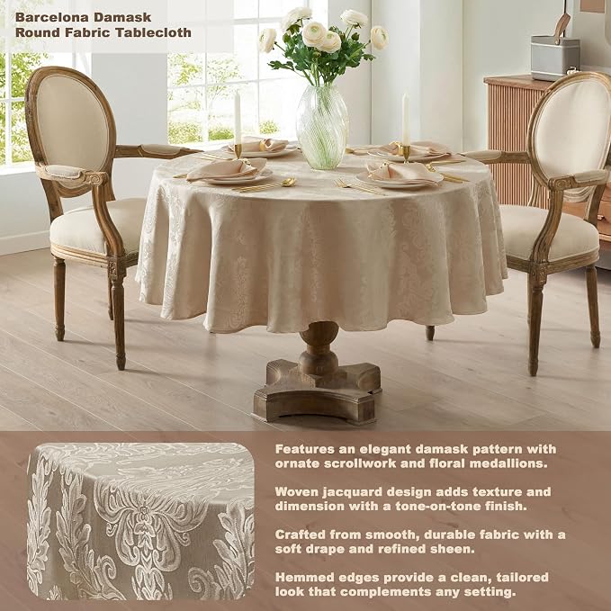 Newbridge Barcelona Luxury Damask Fabric Tablecloth, 108” Round, 100% Polyester - Image 2