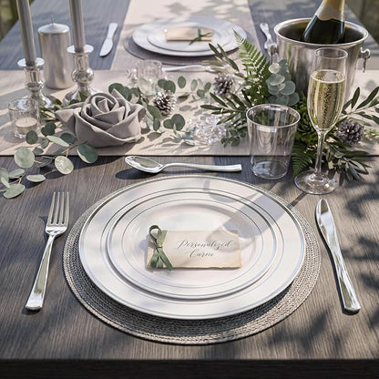 120PCS Plastic Plates White Silver Rim - Image 9