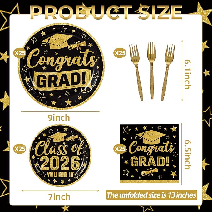 100 Pcs Graduation Party Supplies Set, Serves 25 – Disposable Black and Gold - Image 3