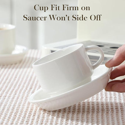 MALACASA 4 OZ Porcelain Espresso Cups with Saucers and Metal Stand Set of 4, Stackable Cappuccino Cups, White Expresso Shots Cup Set for Coffee Drinks, Latte, Tea