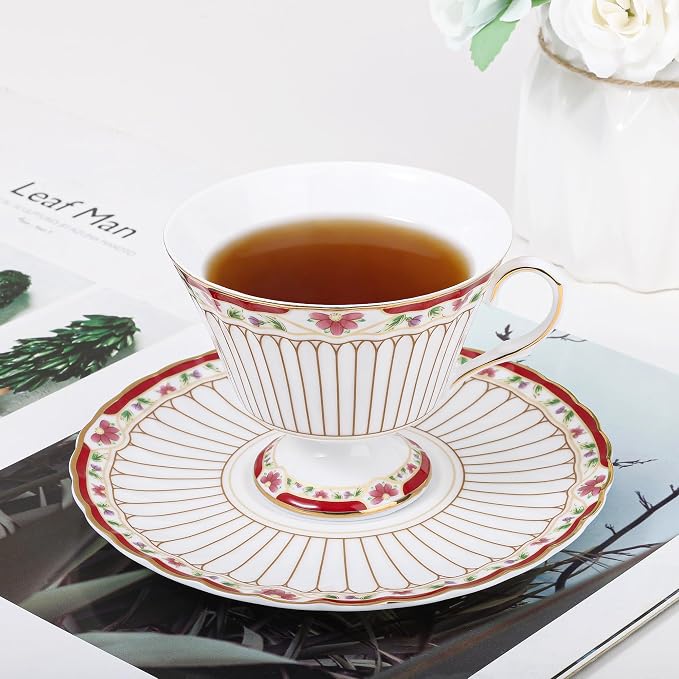 fanquare Nordic Style Tea Cup and Saucer, Classic Stripes Floral Teacup - Image 4