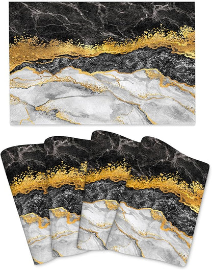 Black Gold Marble Placemats Set of 4 Linen Washable Non-Slip Heat-Resistant Gold and Black Grey Kitchen Table Mats for Dining Outdoor Party Home Decor 12x18 Inch Decorative Place Mats