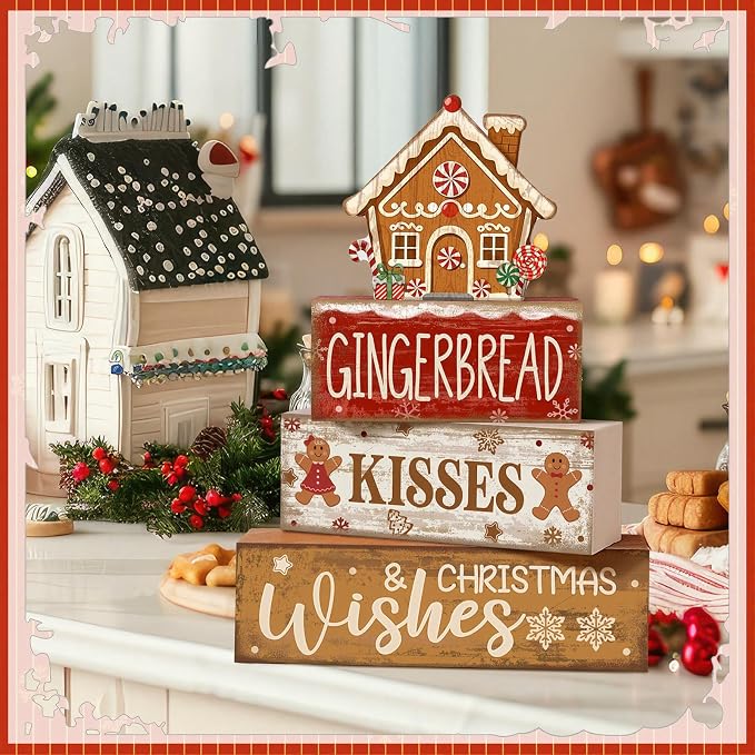 Moucuny 4 Pcs Christmas Table Decoration Gingerbread House Wooden Stacked Block - Image 6