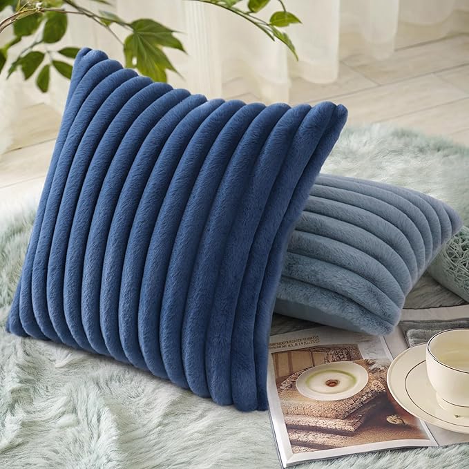 decorUhome Cozy Faux Fur Spring Throw Pillow Covers 20x20 Set of 2 Decorative Soft Plush Striped Modern Farmhouse Boho Couch Pillow Cases with Velvet Back for Sofa Bed Living Room, Blue