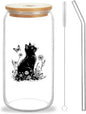 Cute Black Cat Glass Cup With Lids And Straws, Black Cat Gift For Women, Iced, Coffee, Smoothie, Cocktail, Beer, Whiskey, Soda, Matcha,16 Oz, Home Office Table Desk Decoration!