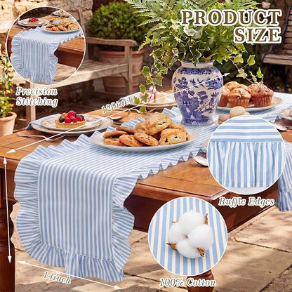 HunnmingRe Ruffle Trim Boho Table Runner Farmhouse Rustic Stripes Scalloped - Image 2