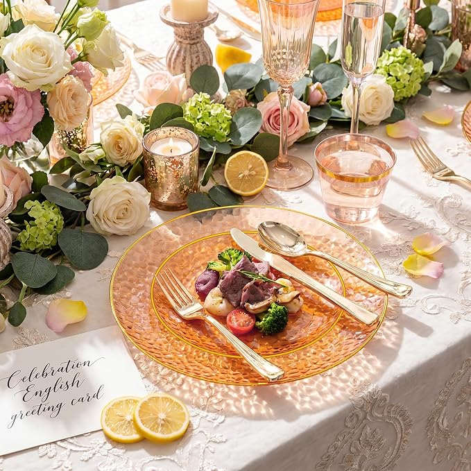 Rubtlamp 175 Pcs Plastic Dinnerware Set, Hammered Party Plates Set Include - Image 3