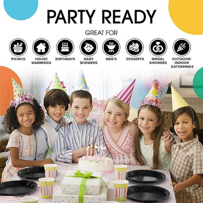 Black Plastic Plates For Party 7" Black Disposable Plates Heavy Duty 100 Pcs Plastic Dinnerware Sets Heavy Duty 350 GSM Disposable Dinnerware Set