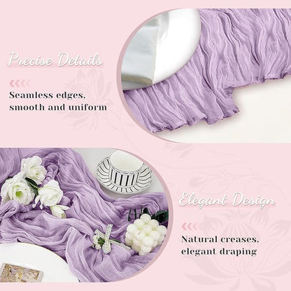 Lilac Table Runner, 10 Ft 120 in Cheesecloth Table Runner, Rustic Spring Table Runners for Wedding, Party, Bridal Shower, Boho Table Runners for Valentines Easter Mardi gras