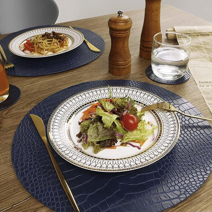 Round Leather Placemats for Round Tables Set of 6, Blue Table Place Mats and Coasters, Washable Easy to Care for Indoor Decor 13" Diameter