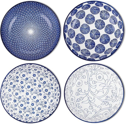 Selamica Porcelain 40oz Large Serving Bowls 9 inch Big Pasta Bowls Set of 4 for Eating, Microwave and Oven Safe, Vintage Blue