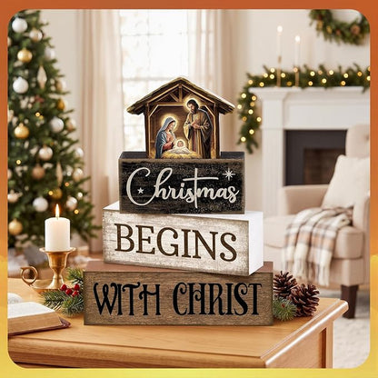 Moucuny 4 Pcs Christmas Table Decoration Christian Wooden Stacked Block Decor - Image 6