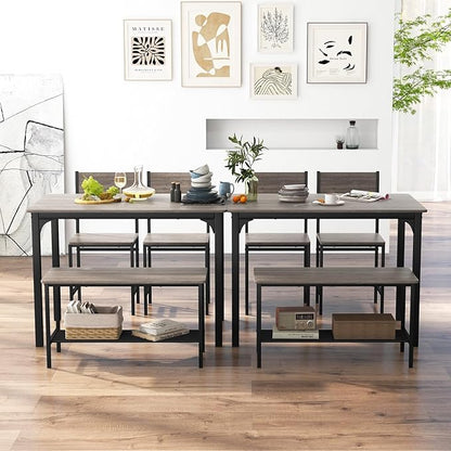 Giantex Dining Table Set for 4, Kitchen Table with Bench and Chairs, Industrial Gathering Bench Dining Set W/Metal Frame & Storage Rack, Dinette Set, Modern Functional Desk Set (Black Oak)