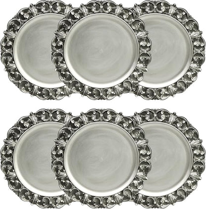 13" Antique Silver Charger Plates, Set of 6 Plastic Textured Chargers for Dinner Plates with Embossed Rim, Table Décor, Party, Wedding, Holiday