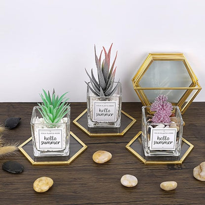 JUXYES Set of 7 Gold Brass Clear Glass Round Coaster - Image 6