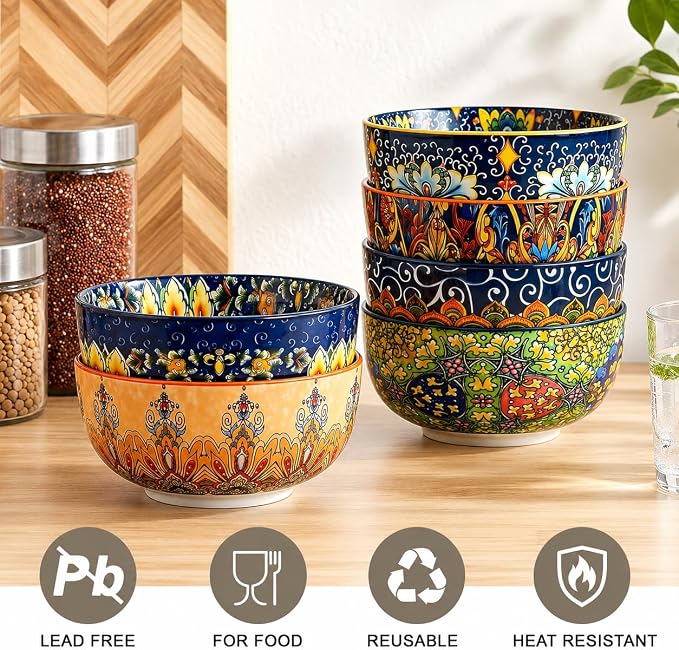 Cereal Bowls Set of 6, Bohemian Ceramic Soup Bowls, 28 oz Colorful Bowls Set - Image 5