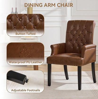 PU Leather Dining Chair with Arms, Upholstered Tufted High Back Dining Room Chairs, Accent Armchair with Solid Wood Leg and Nailhead Trim, Kitchen Dining Living Room, Coffee