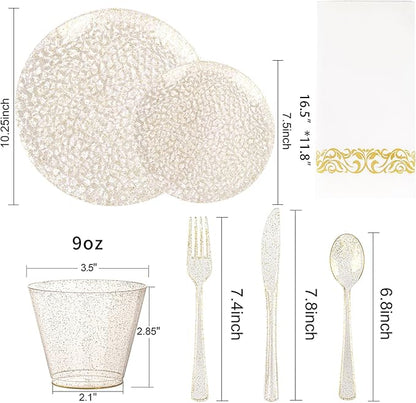 Rubtlamp 350 Pcs Gold Glitter Plastic Plates, Hammered Disposable Plates Set (50 Guests), Glitter Dinnerware Set Include 100 Plastic Plates, 150 Glitter Silverware, 50 Cups And 50 Napkins