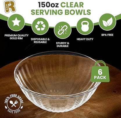 R-kay 6 Pack Extra Large Serving Bowl - 150 Ounce Plastic Serving Bowls For Entertaining - Clear Plastic Bowls For Salads And Snacks - Disposable bowls For All Occasions