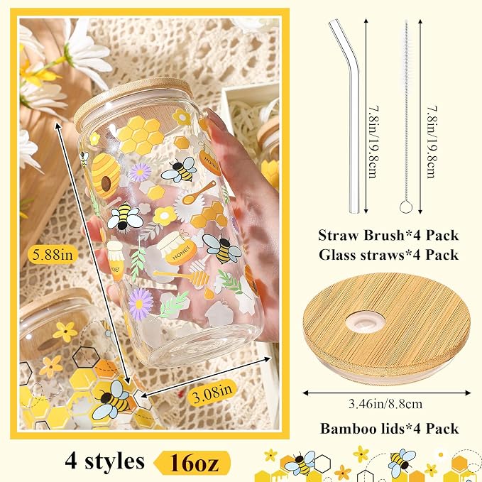 Mumufy 4 Pack Wildflower Glass Cups Gift Aesthetic Cute Glass Cup Tumbler - Image 2