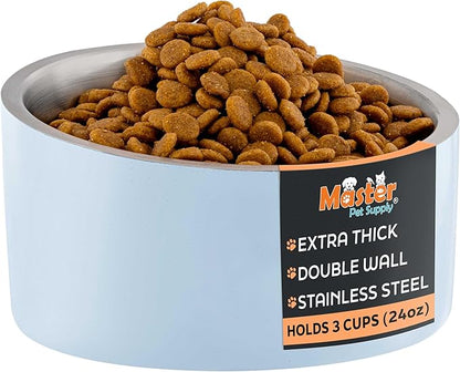 Master Pet Supply Stainless Steel Slanted Dog Cat Food Bowl - 24 oz Heavy Duty - Glacier Blue, Double Wall Insulated, Non-Slip Elevated Bowl for French Bulldogs Pugs Cats, Anti Rust Dishwasher Safe