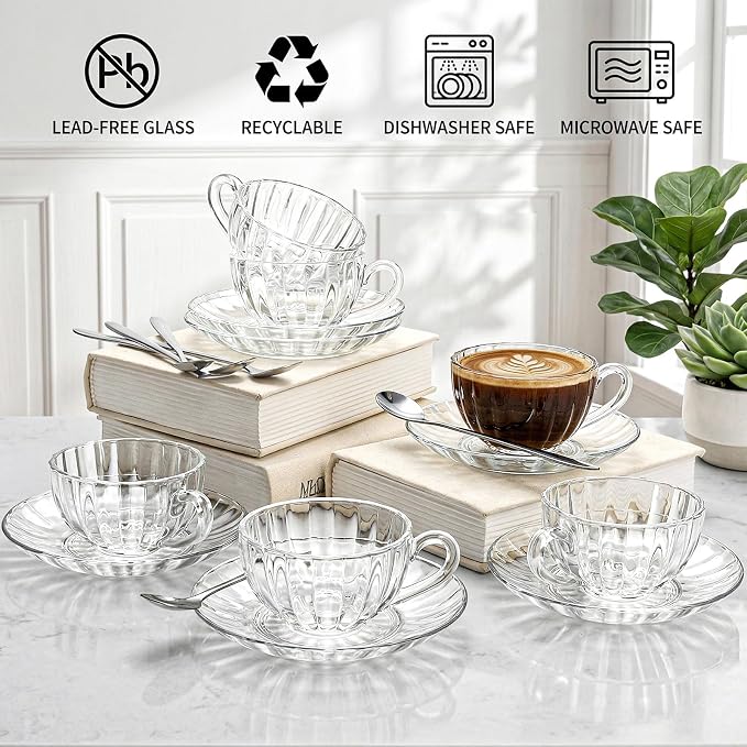 Noamus 6 Pack Glass Teacup and Saucer&Spoons Set, 5Oz/150ml Clear Coffee Mugs - Image 5