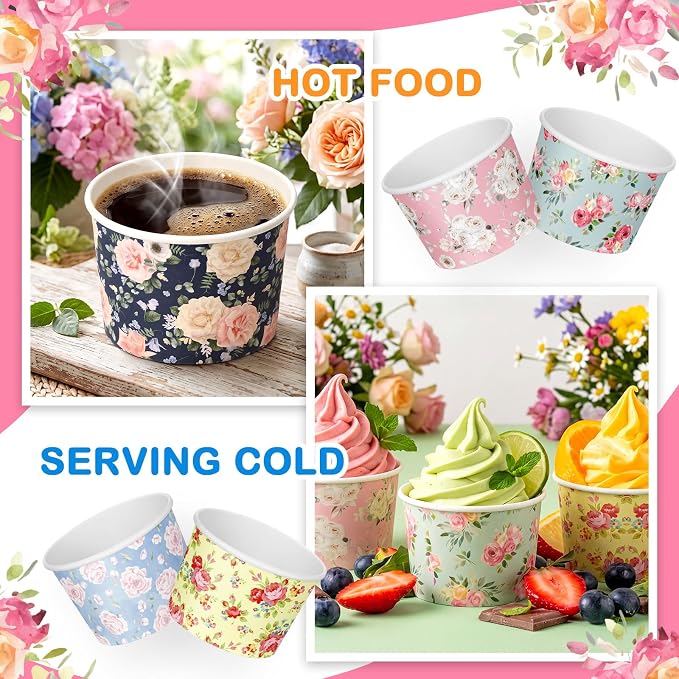 CHENGU 60 Pcs Floral Snack Cups 9 oz Disposable Floral Paper Dessert Bowls - Image 3