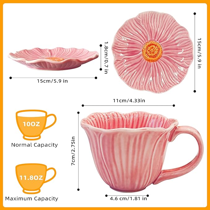 10 oz Tea Cups and Saucers, Ceramic Flower-shaped Cappuccino Cup, Latte Cup and - Image 2