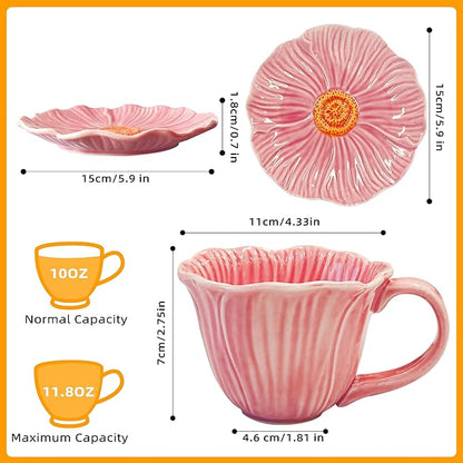 10 oz Tea Cups and Saucers, Ceramic Flower-shaped Cappuccino Cup, Latte Cup and - Image 2