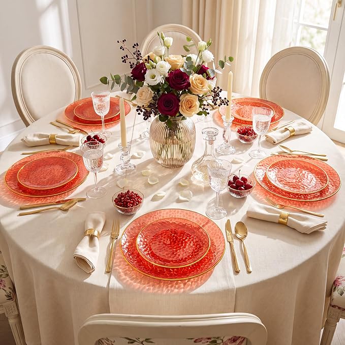 Rubtlamp 60 Pcs Red Plasitc Plates, Fancy Party Plates, Hammered Plastic plates - Image 9