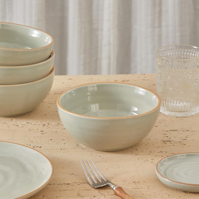 Bico Light Sage Green 24oz Stoneware Cereal Bowls Set, Microwave and Dishwasher - Image 3
