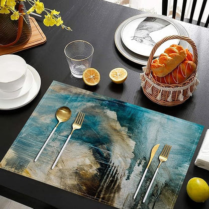 Teal Placemats Set of 4 Turquoise Black Place Mats Indoor Modern Abstract Art Linen Table Placemats Washable Wipeable Waterproof Kitchen Place Mats for Dining Tables, 18 X 12 Inch