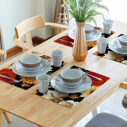 Boho Placemats Set of 4 - Floral Place Mats 12x18 Vintage Flower Table Mats Bohemian Kitchen Mats for Party Dining Table