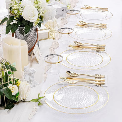 Rubtlamp 175 Pcs Plastic Dinnerware Set (25 Guests), Clear And Gold Plastic Plates, Hammered Party Plates Include Dinner Platos, Dessert Platos, Cups, Gold Cutlery Set And Napkins for Party