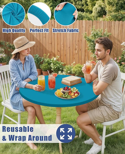 Round Spandex Tablecloth 2 Pack, Elastic Fitted Waterproof Tablecloths for 36"-44" Tables, Stretch Washable Picnic Table Cover for Camping, Dining, Indoor and Outdoor, Turquoise