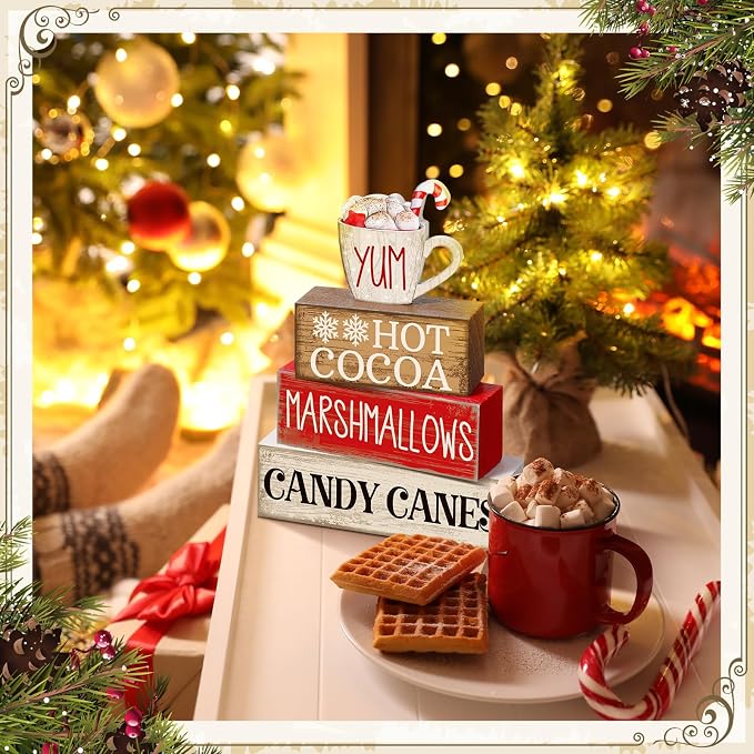 Moucuny 4 Pcs Wooden Christmas Tabletop Decor Hot Cocoa Tiered Tray Decor - Image 6