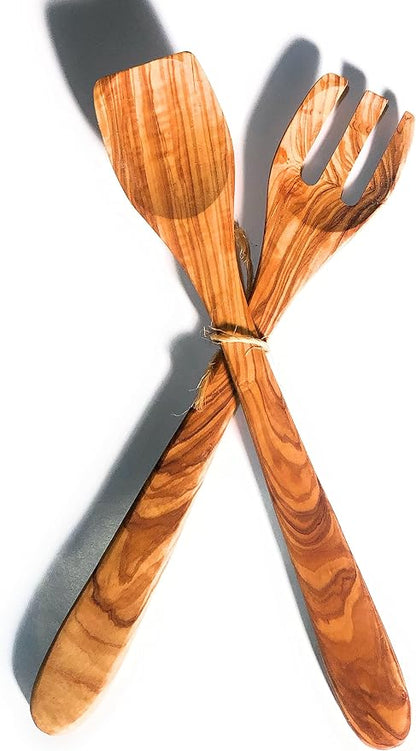 2 pc 14" Long Handle Artisan Olive Wood Salad Server Utensil Set- By ORCHARD by OrchardHardwoods