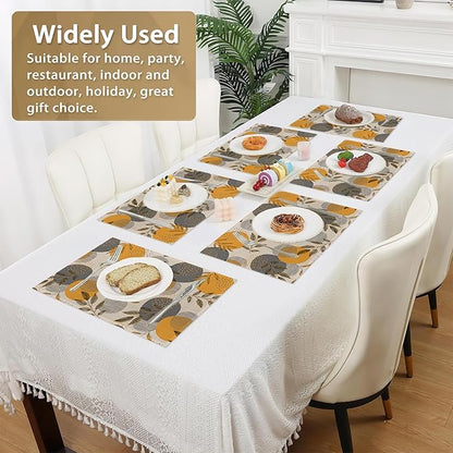 Leaves Place Mats Set of 6, Stripes and Dots Table Mats,Heat Insulation Non Slip Washable Dining Placemats for Wedding Holiday Party Kitchen Decor 12X18 in