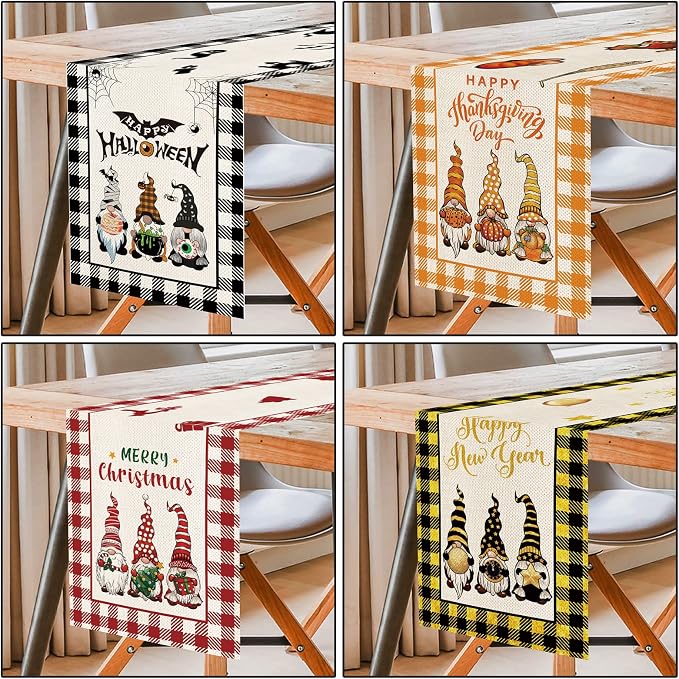 8 Pcs Gnomes Holiday Table Runner 72 Inches Long, Plaid Valentines Day St - Image 4