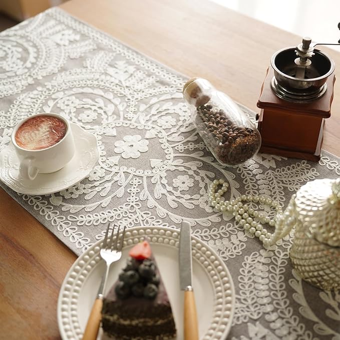 Long Table Runner Embroidered Rustic Dresser Runner, 4 Tassel Pendants - Image 4