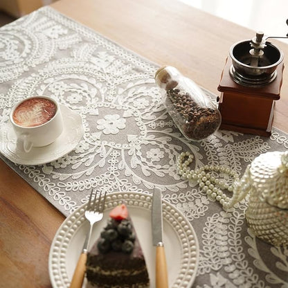 Table Runner Embroidered Lace Dresser Runner, 4 Tassel Pendants, Layered Accent - Image 4