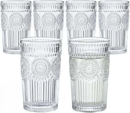 Kingrol Embossed Vintage Drinking Glasses Set of 6, 12 oz Textured Glass by Kingrol