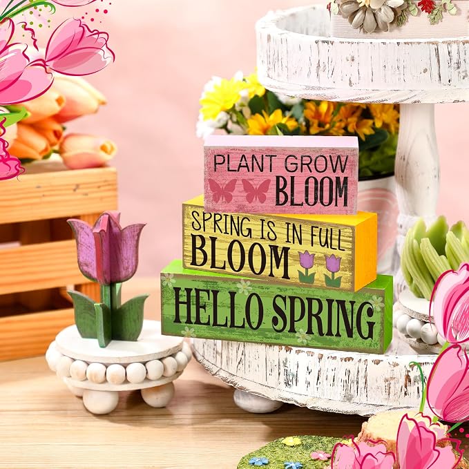Moucuny 4 Pcs Spring Table Decoration Wooden Stacked Block Decor - Image 2