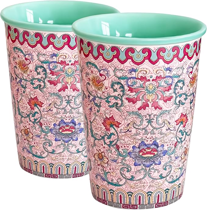 Pink Floral Ceramic Mugs, 12oz Flower Coffee Mug Set of 2, Rose Porcelain Cups by Movlen