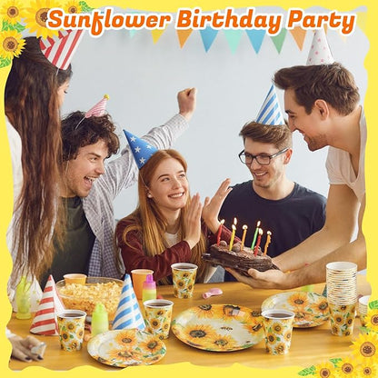 Pickmesh 250 Pcs Sunflower Birthday Disposable Tableware Set Floral Themed Disposable Paper Plates Napkins and Cups for Birthday Wedding Bridal Shower Baby Shower Tea Party Supplies