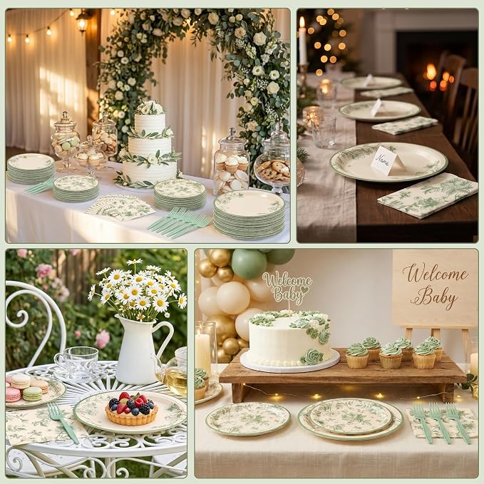 100 Pcs Disposable Sage Green Floral Tableware Set - Image 5
