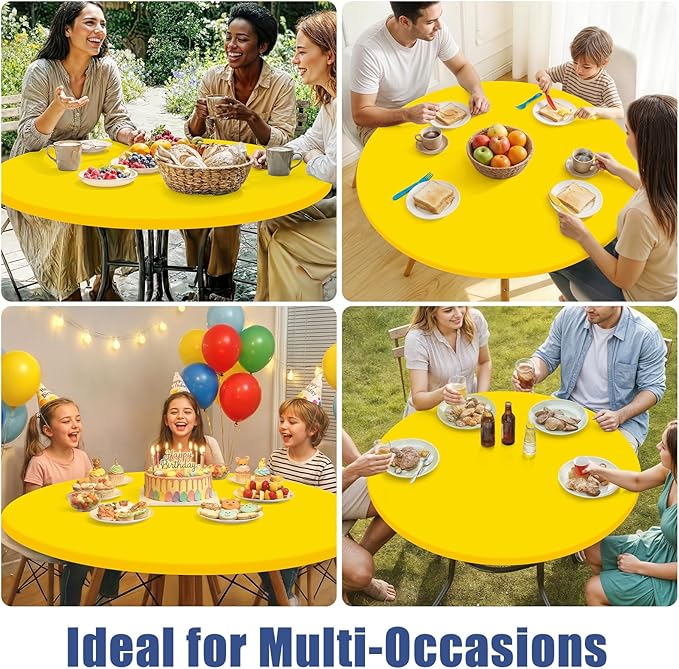 Round Spandex Tablecloth 2 Pack, Elastic Fitted Waterproof Tablecloths for 36"-44" Tables, Stretch Washable Picnic Table Cover for Camping, Dining, Indoor and Outdoor, Yellow