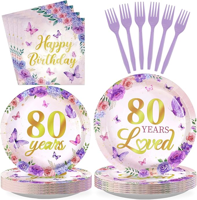 96Pcs 80th Birthday Purple Floral Butterfly Party Decoration, Serves 24 | by Greencian