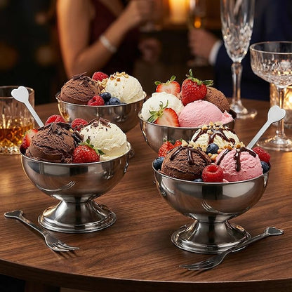 4 Pcs Stainless Steel Ice Cream Bowls Footed Dessert Cups for Sundae Parfait Yogurt Pudding Cake Salad Fruit Snacks Home Kitchen Use